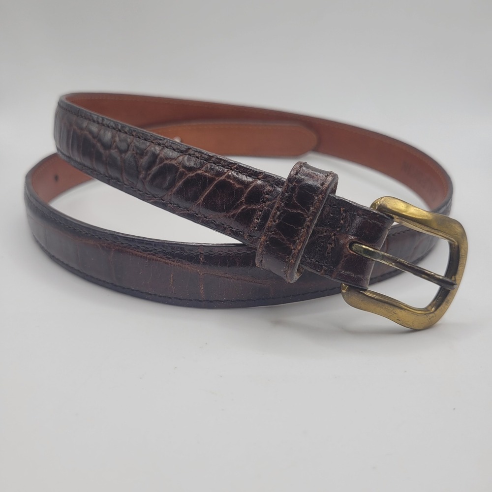 Joan & David Belt Small Brown Calfskin Leather Croc Embossed Brass 90s Classic